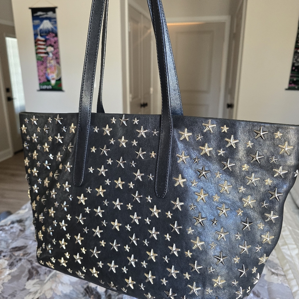 Jimmy Choo Black and Gold Star Neverfull Pm Size Tote Bag